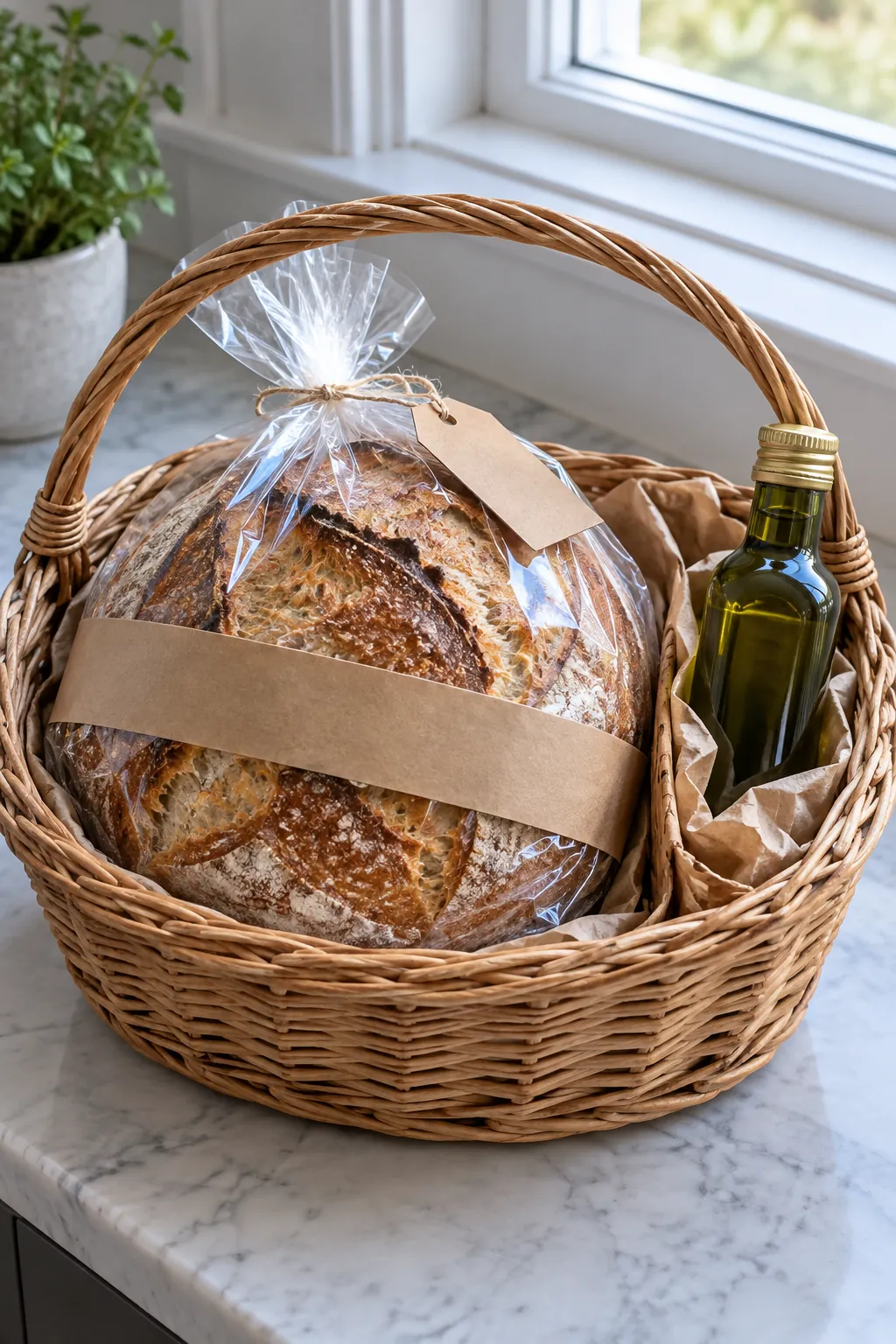 Bread gift with wrapped round sourdough and small oil bottle in fitted wicker basket