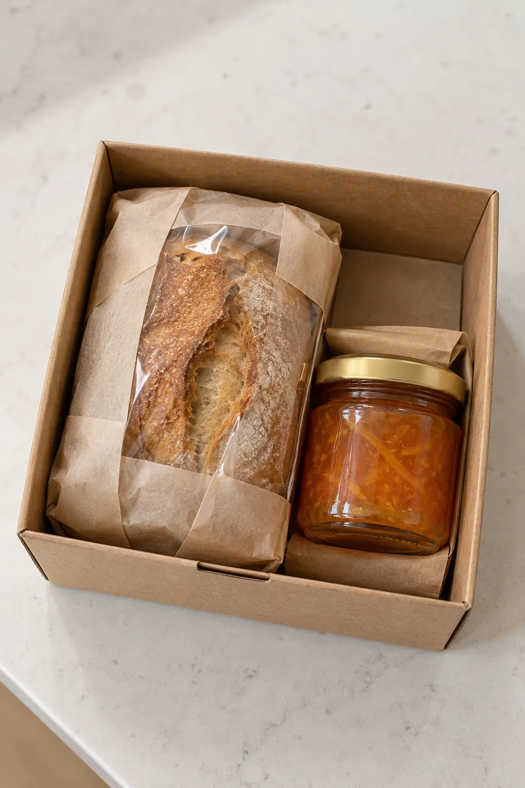 Bread gift with small wrapped loaf and one modest marmalade jar