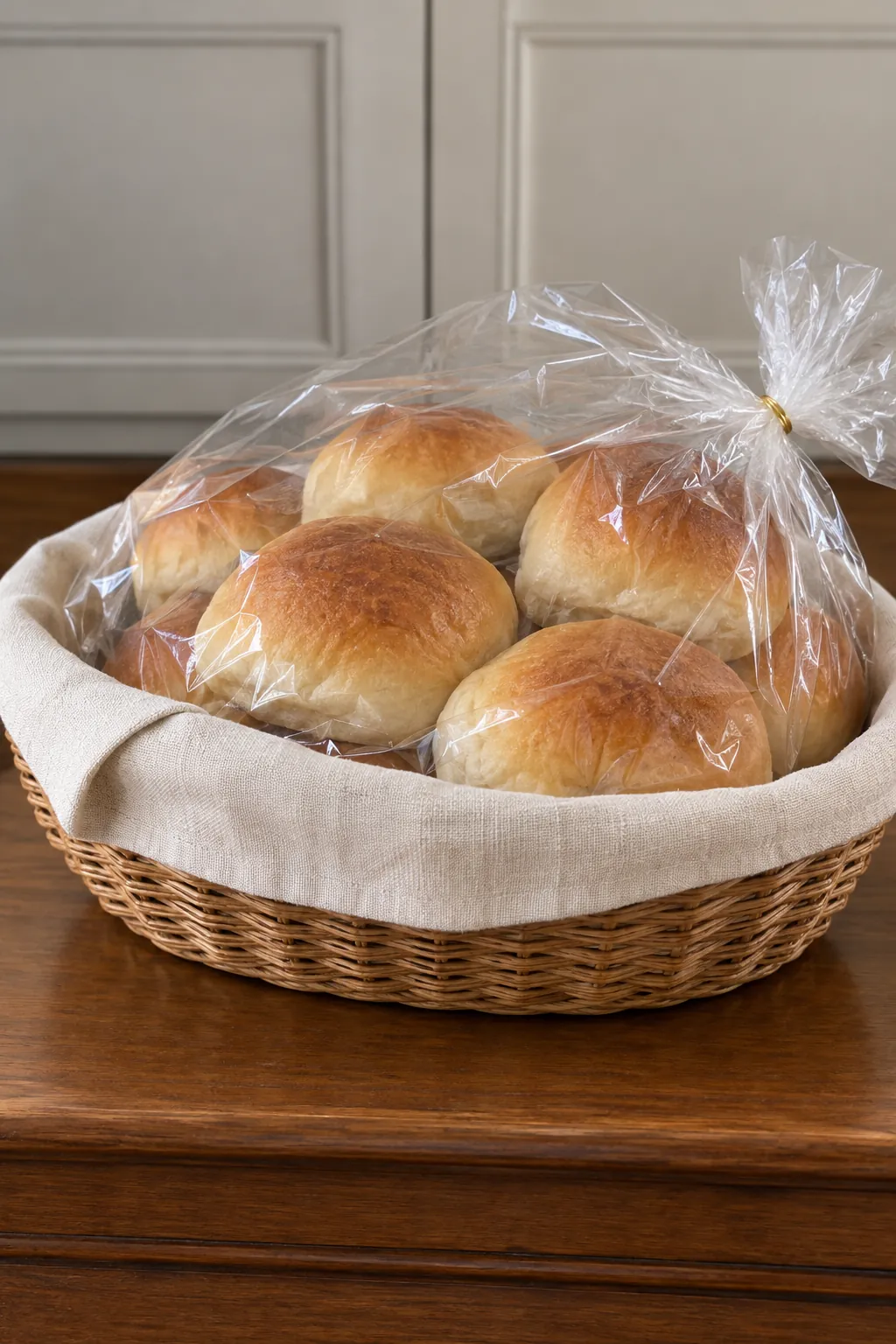 Bread gift with cooled rolls in clear food bag inside lined serving basket