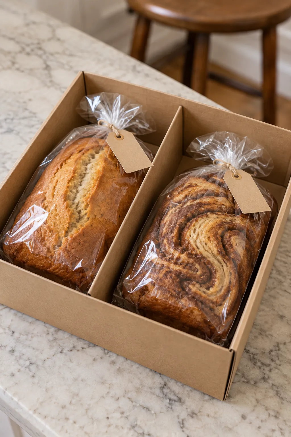 Bread gift with two separately wrapped mini loaves in divided box