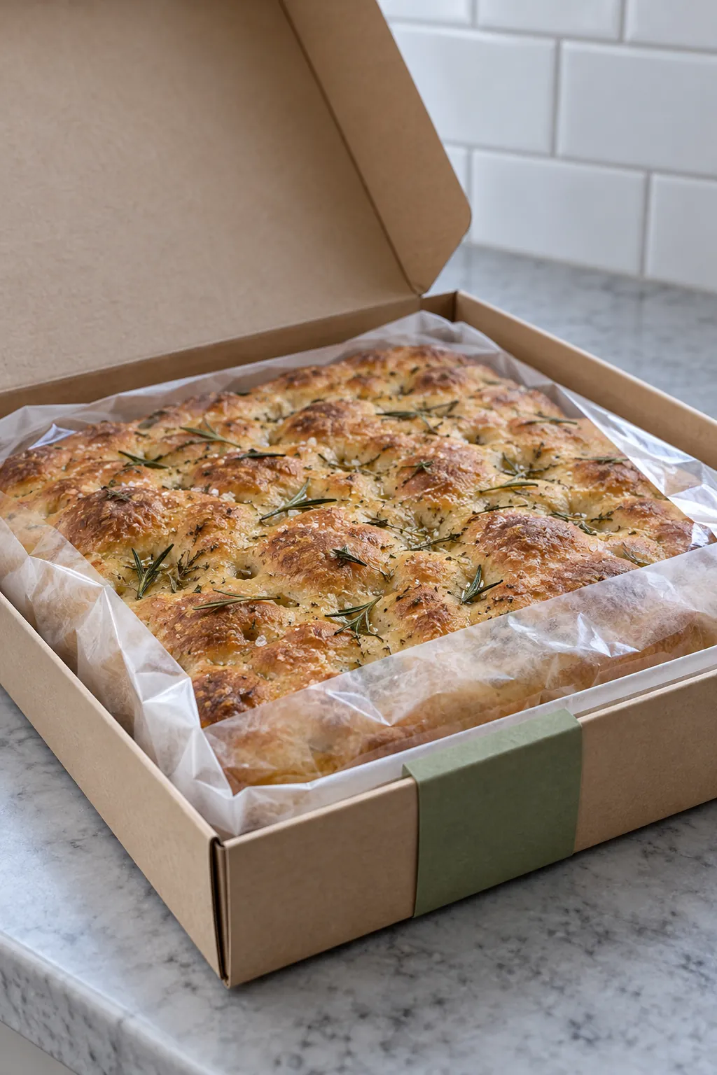 Bread gift with flat wrapped focaccia in supportive square box