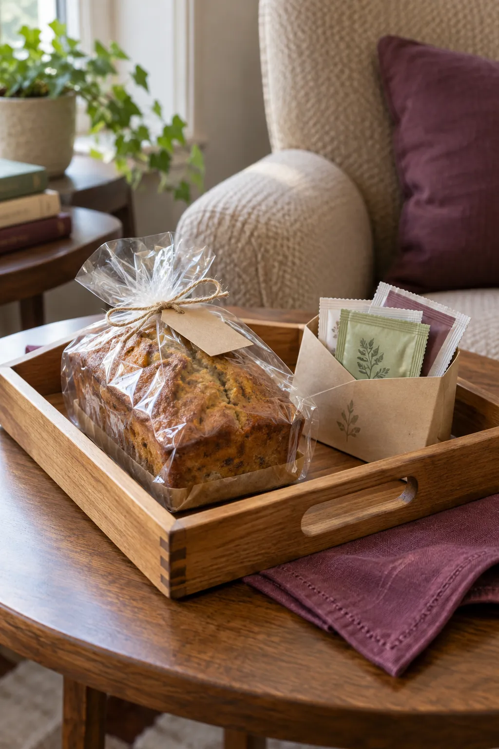 Bread gift with wrapped tea loaf and sealed tea sachets in small tray