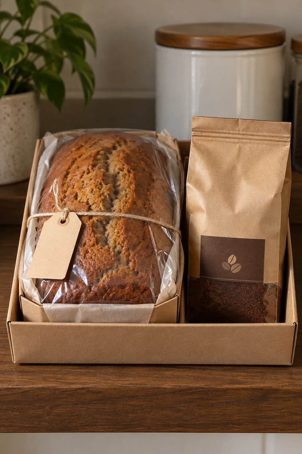 Bread gift with wrapped banana bread and small ground coffee bag