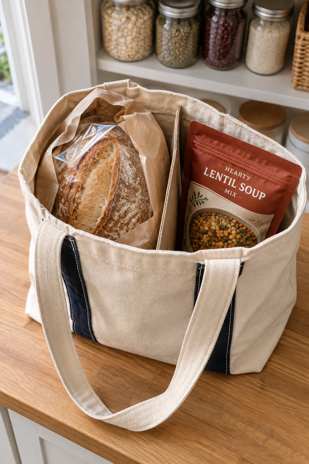 Bread gift with wrapped crusty loaf and sealed soup mix in tote