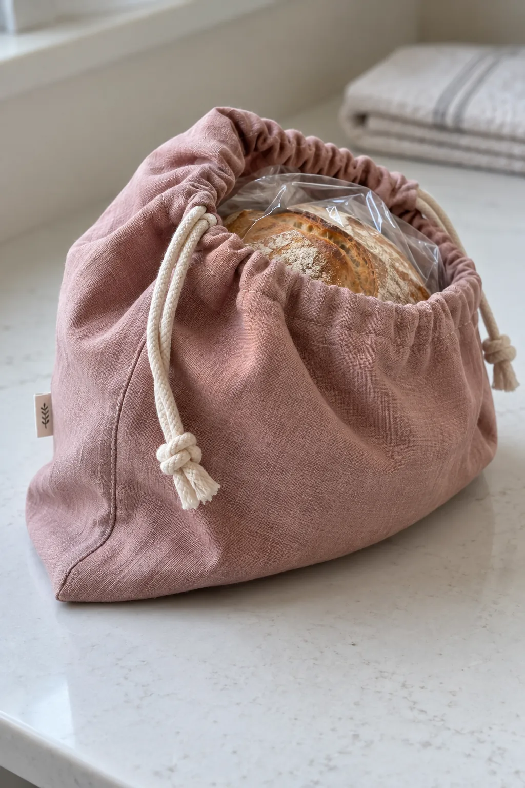 Bread gift with food wrapped boule inside washable drawstring bread bag