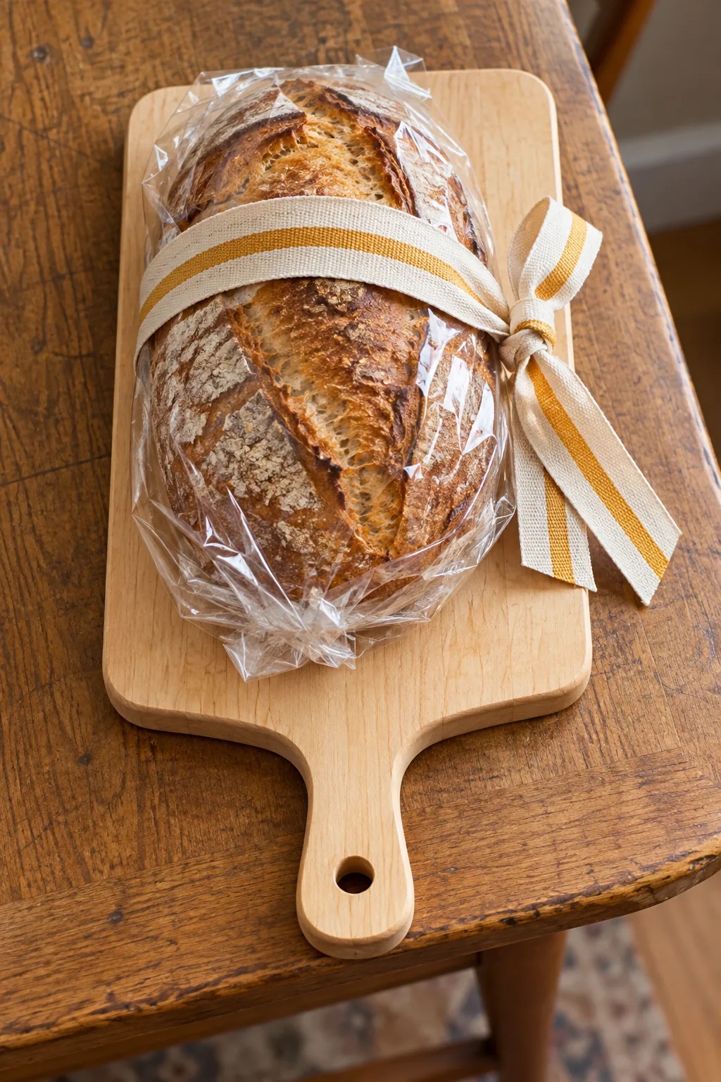 Bread gift with wrapped oval loaf tied loosely to small cutting board