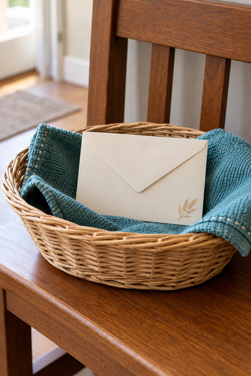 Bread gift with plain gift card envelope in empty serving basket with towel