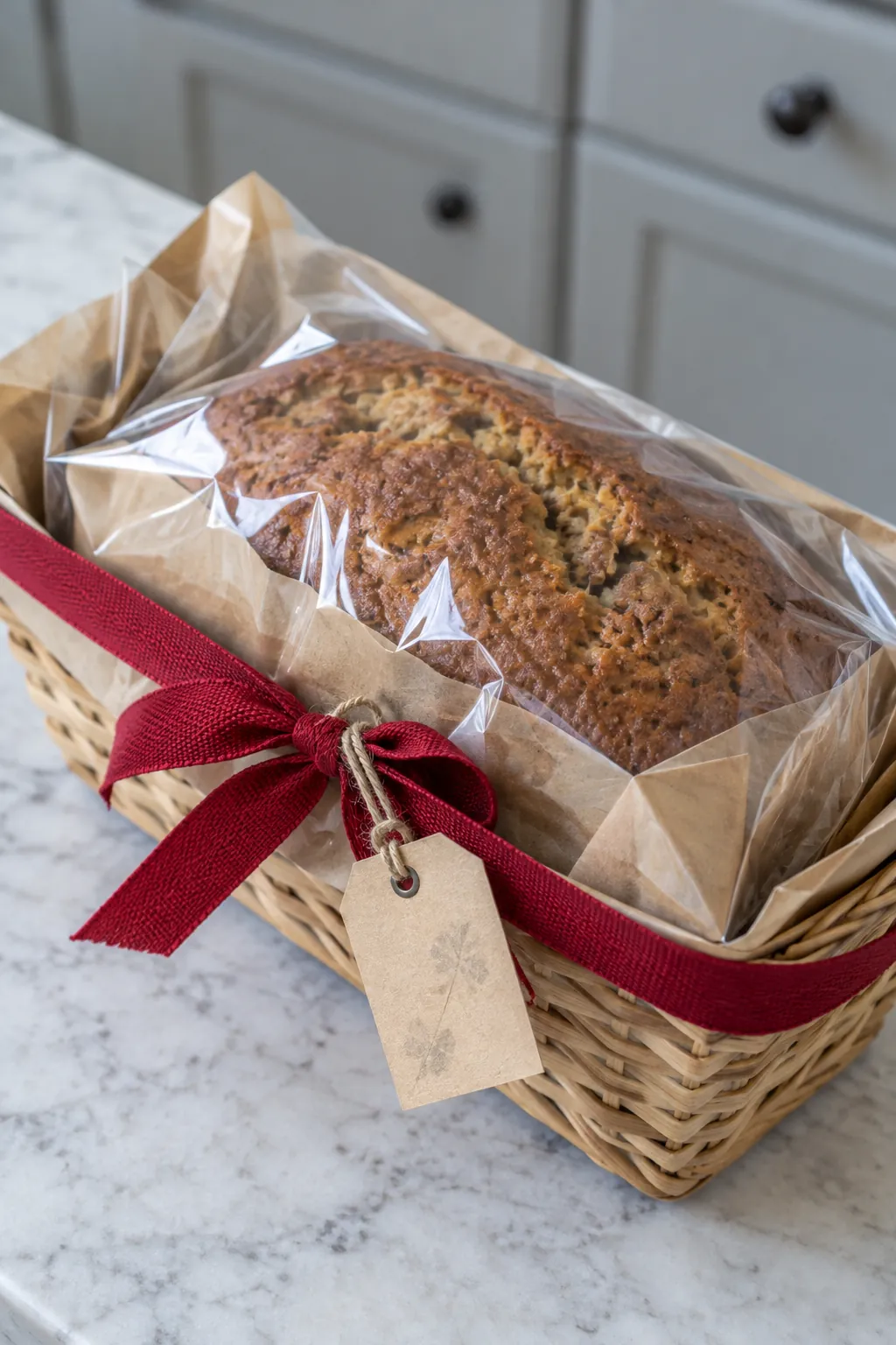 Bread gift with wrapped loaf in small basket with simple ribbon and tag