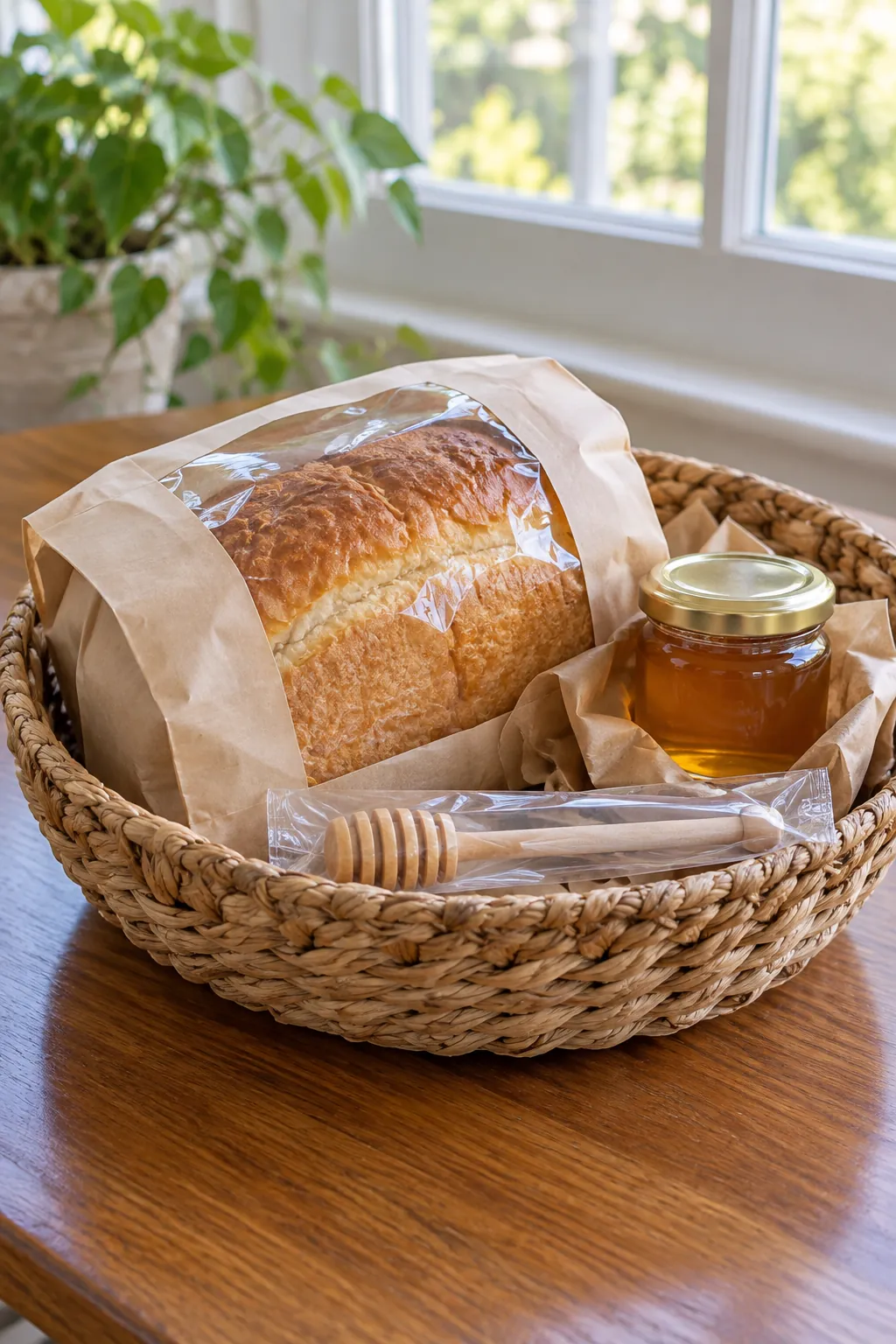 Bread gift with wrapped mild loaf and small sealed honey jar with wrapped dipper