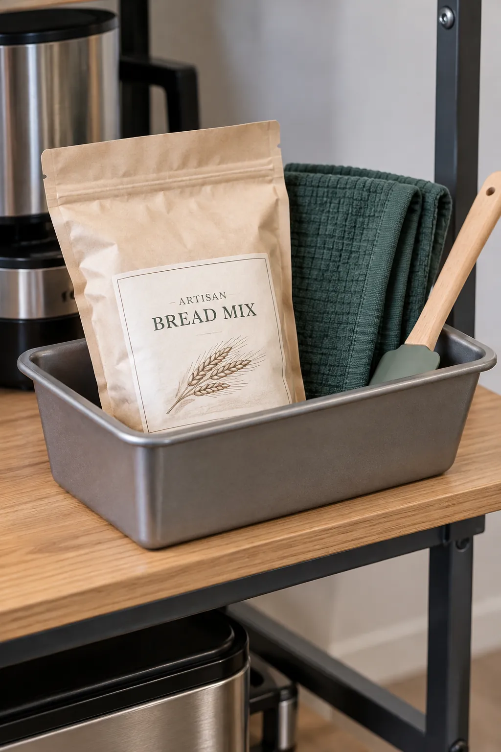 Bread gift with sealed bread mix and towel inside correctly sized loaf pan