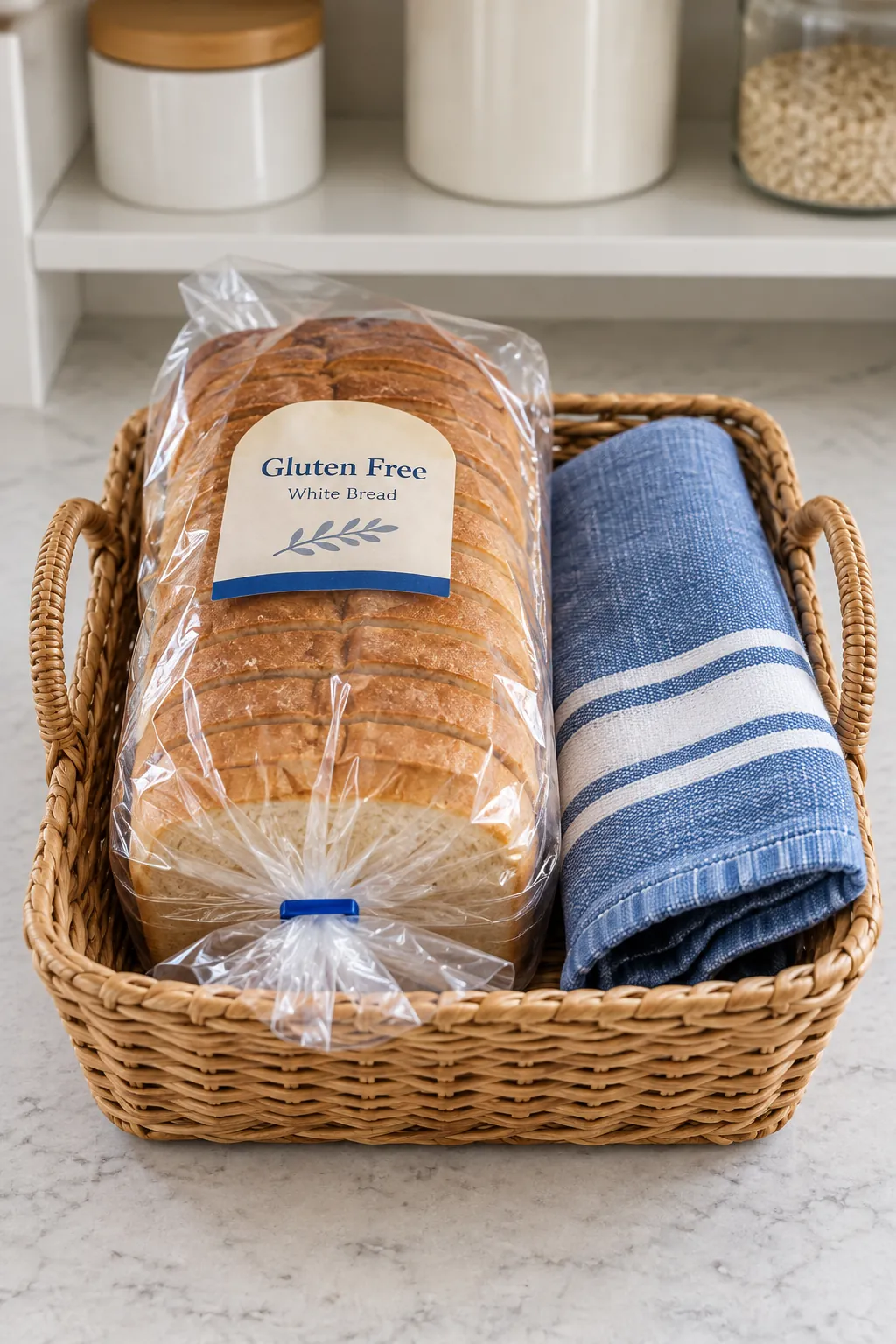 Bread gift with original sealed packaged loaf with new basket and towel