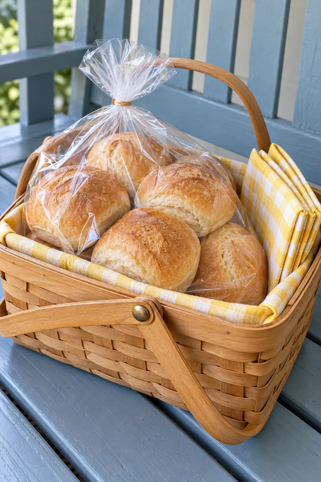 Bread gift with bagged sturdy rolls and napkins in small handled carrier