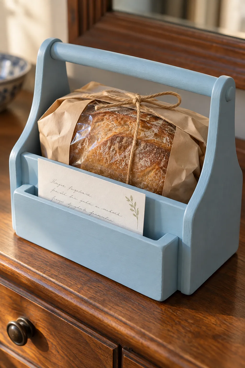 Bread gift with wrapped loaf and separate handwritten card in reusable caddy
