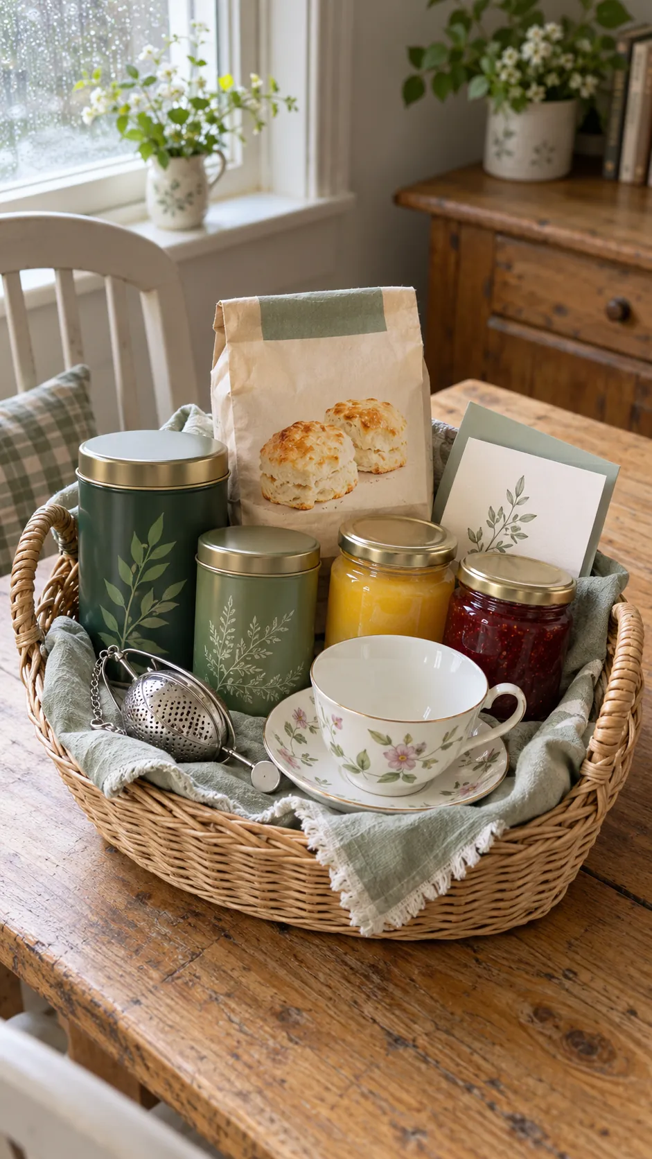 Tea And Scone Basket arranged as a practical breakfast gift