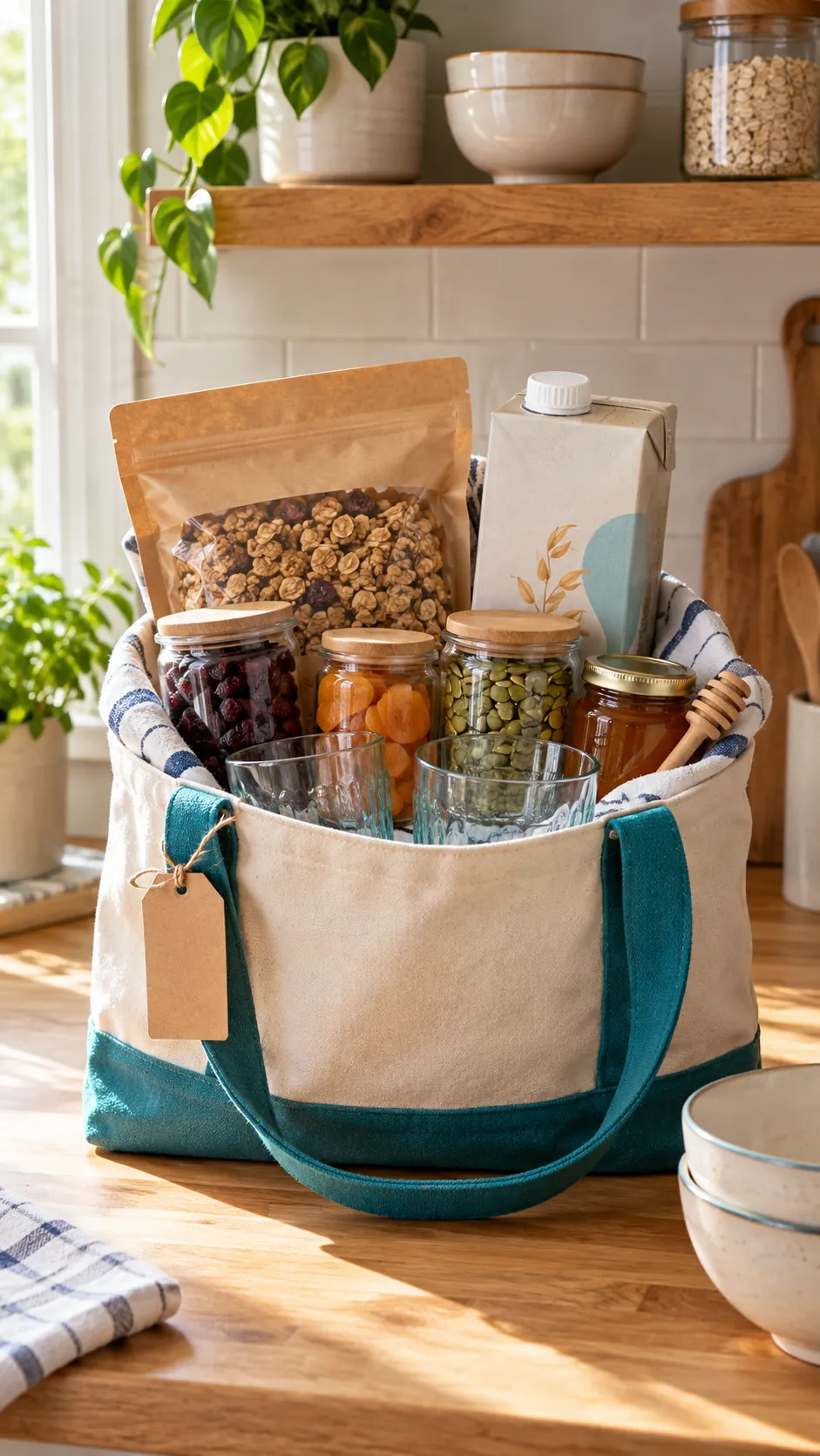 Granola And Fruit Basket arranged as a practical breakfast gift