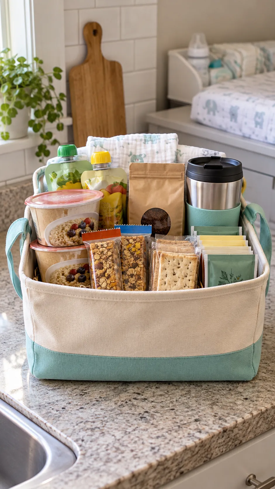 New Parent Quick Breakfast Basket arranged as a practical breakfast gift