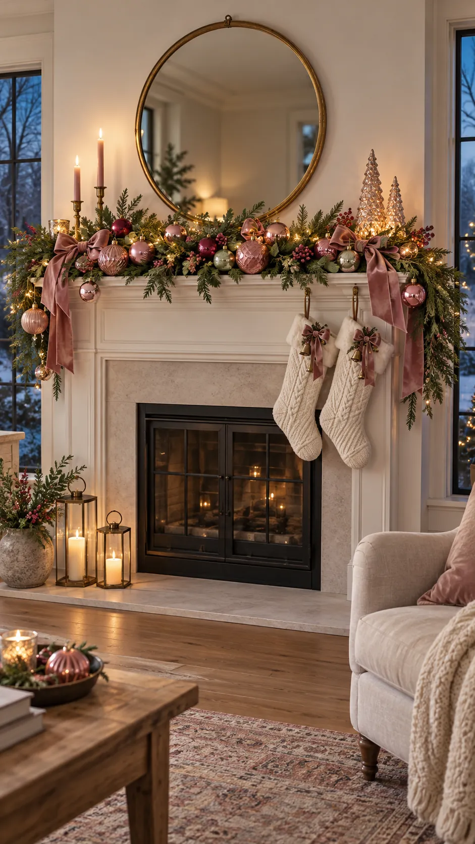 Pink Christmas mantel with blush ribbon, greenery, glass ornaments, and warm lights