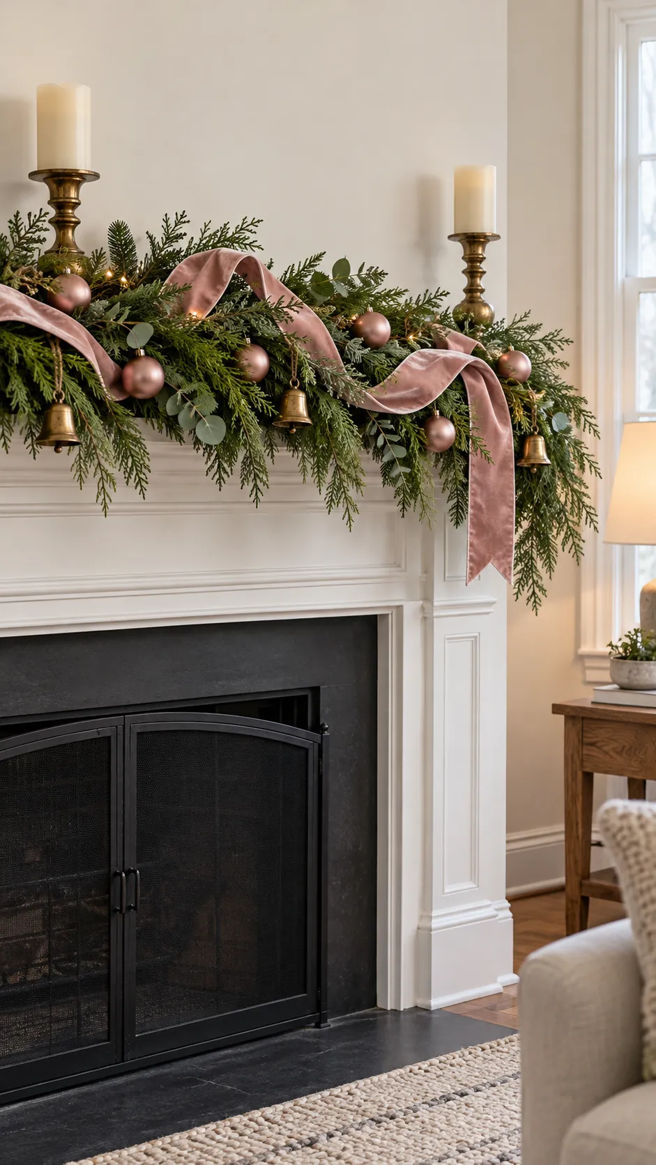 Blush velvet ribbon woven through cedar garland on a Christmas mantel