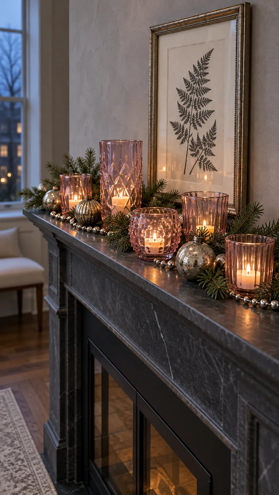 Rose glass votives and silver ornaments arranged across a festive mantel