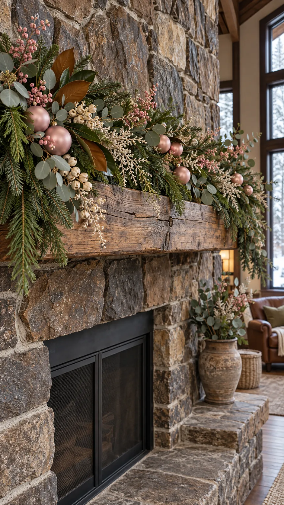 Pink ornaments and eucalyptus layered through Christmas mantel greenery