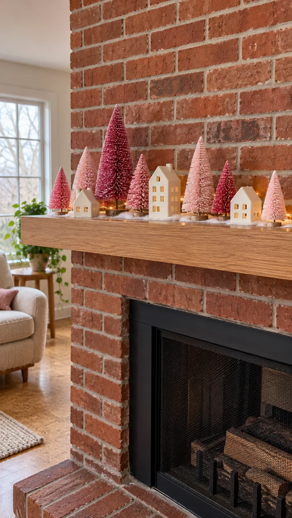 Candy pink bottlebrush tree village displayed on a Christmas mantel