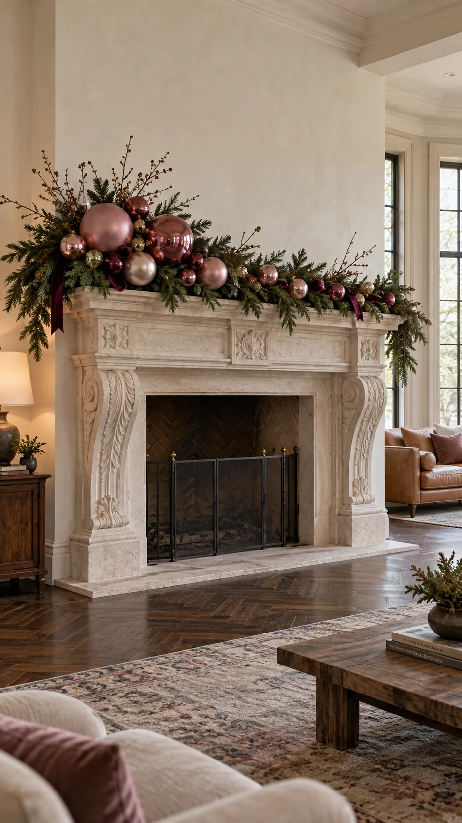 Oversized pink ornaments gathered into an asymmetrical mantel garland