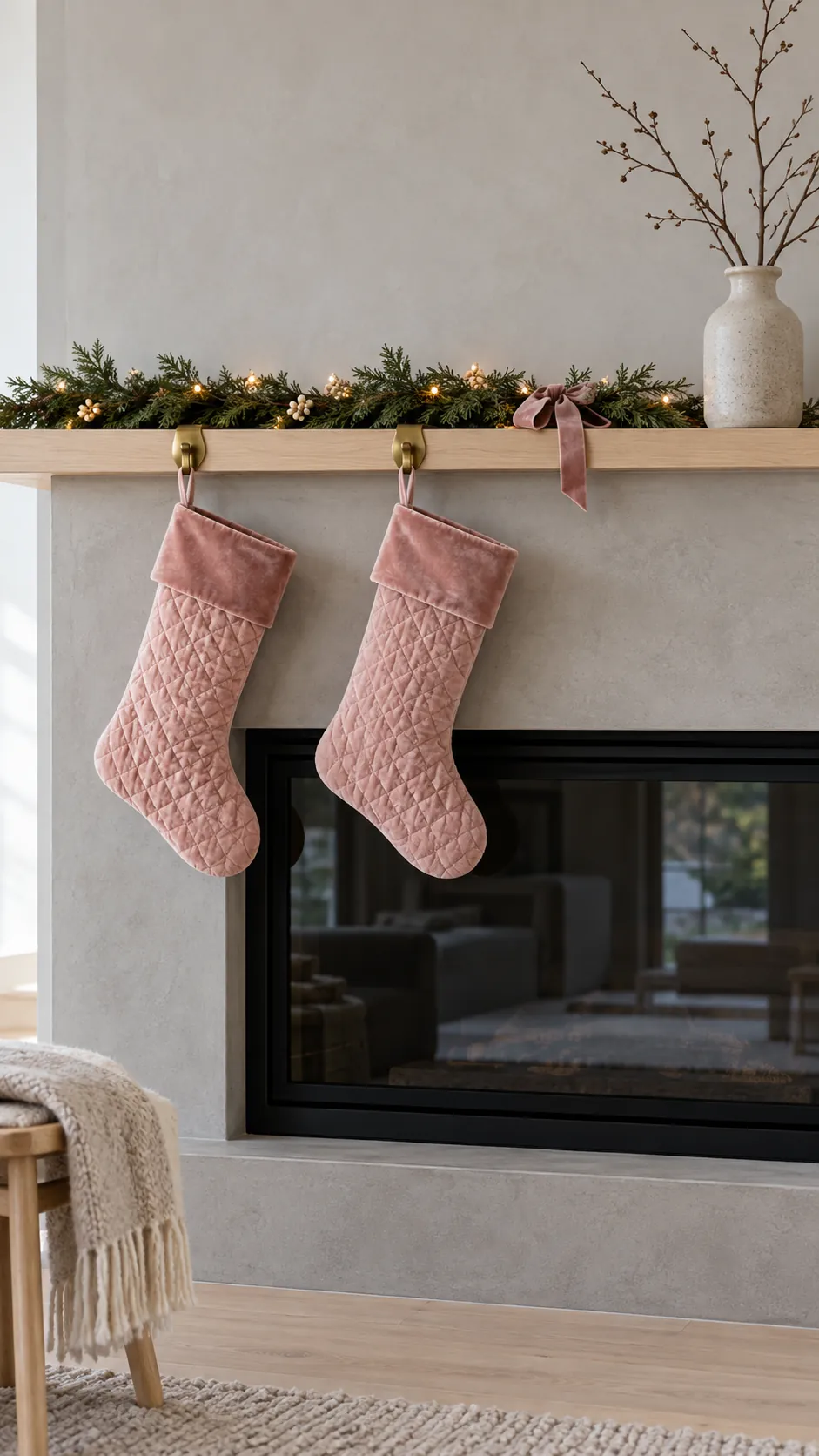 Soft pink stockings beneath a simple greenery Christmas mantel