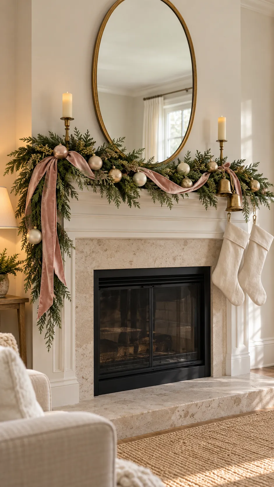 Ballet pink ribbon with aged gold accents on a neutral Christmas mantel