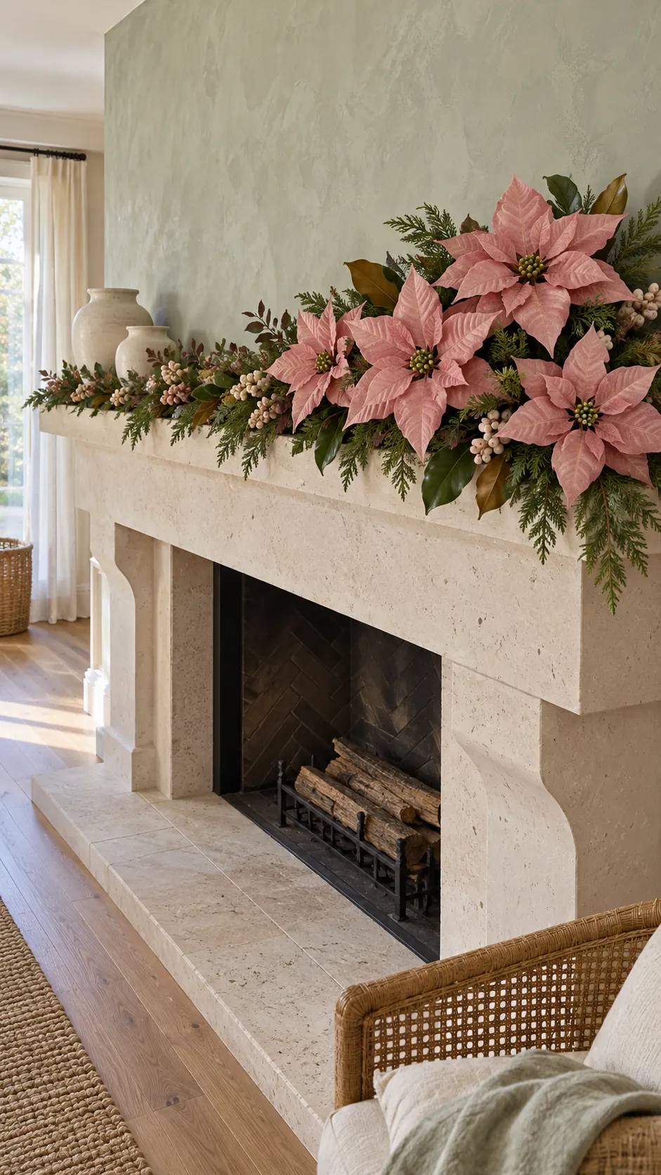 Large pink poinsettias anchoring a long festive mantel arrangement