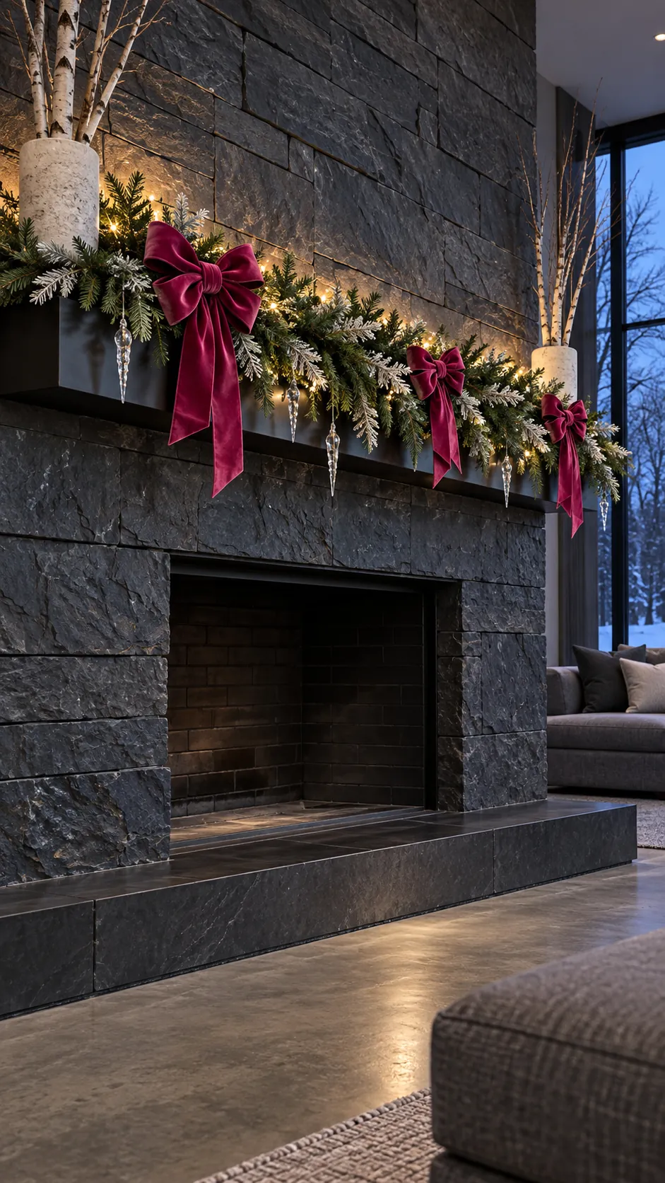 Raspberry bows and frosted greenery against a dark stone fireplace