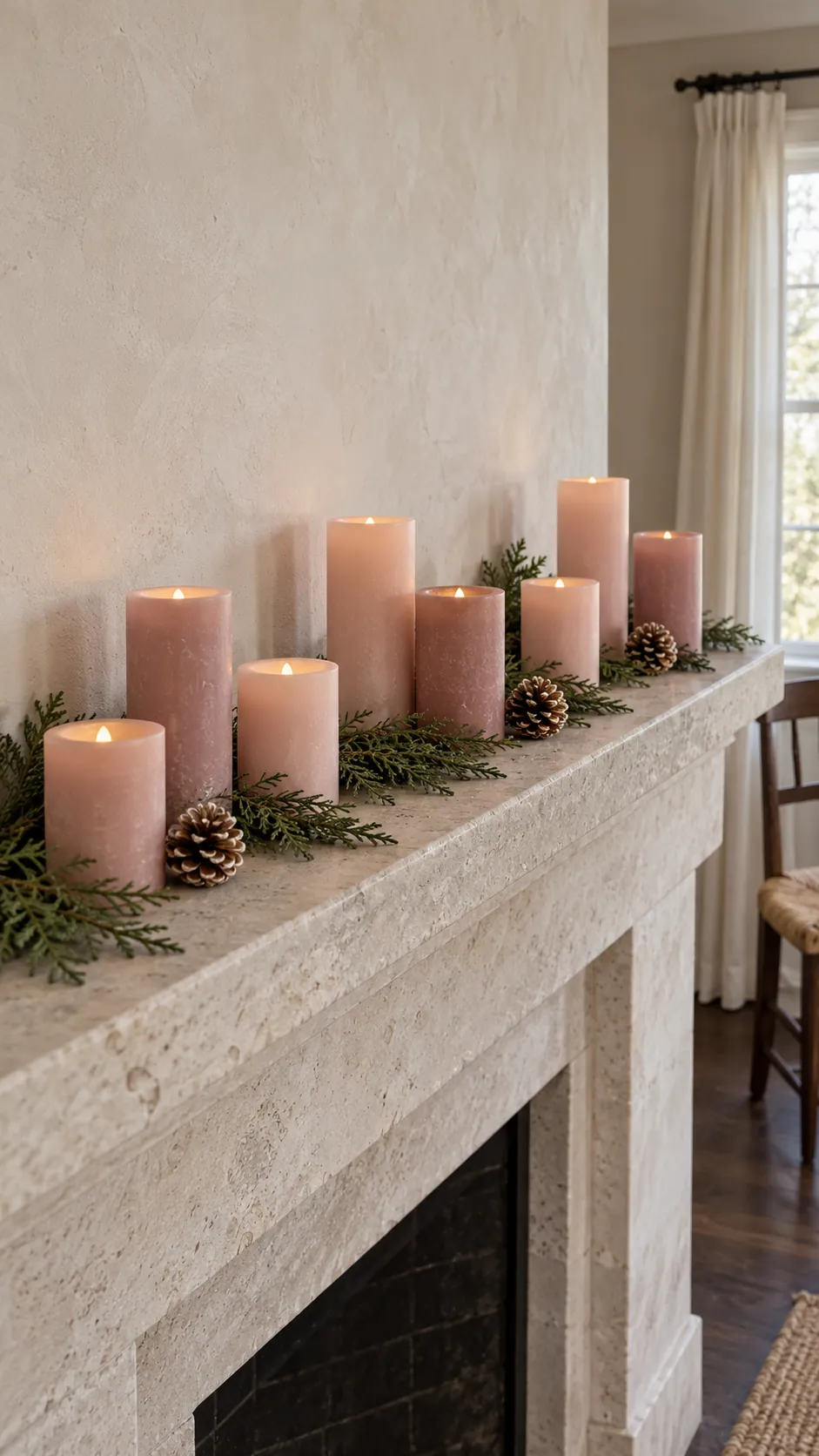 Minimal blush candles in varied heights along a Christmas mantel