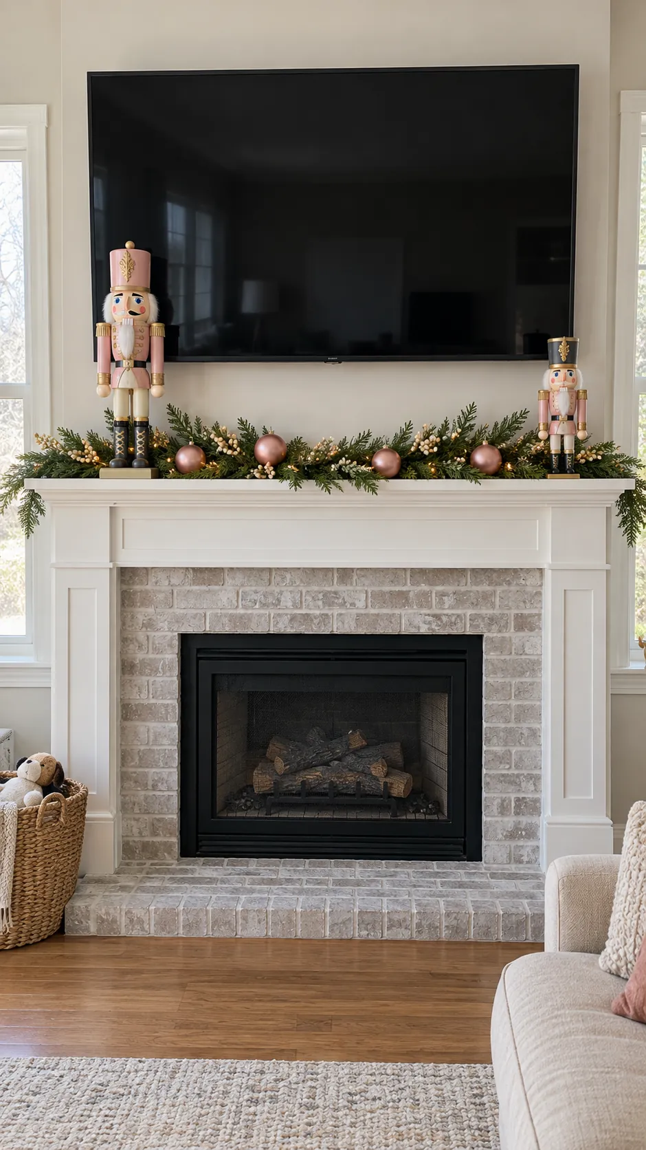 Pink nutcrackers framing a low Christmas mantel garland