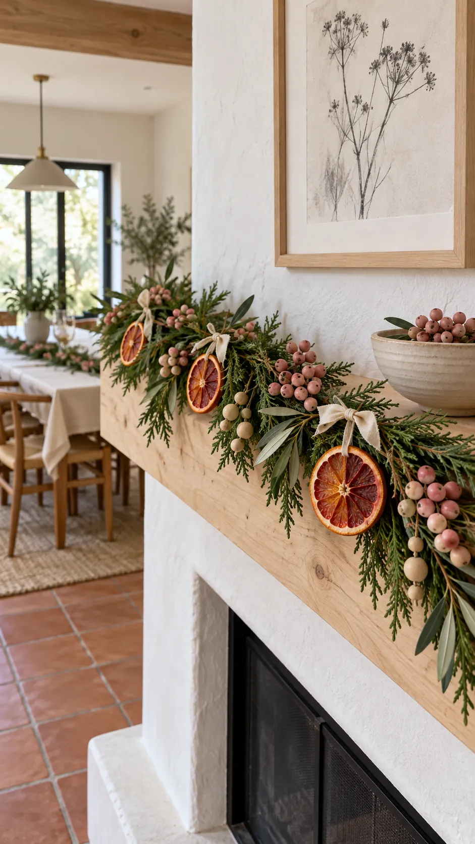 Blush berry and dried citrus garland on a handcrafted Christmas mantel