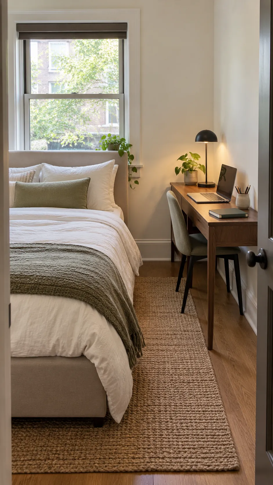 Slim desk setup beside a bed in a small bedroom
