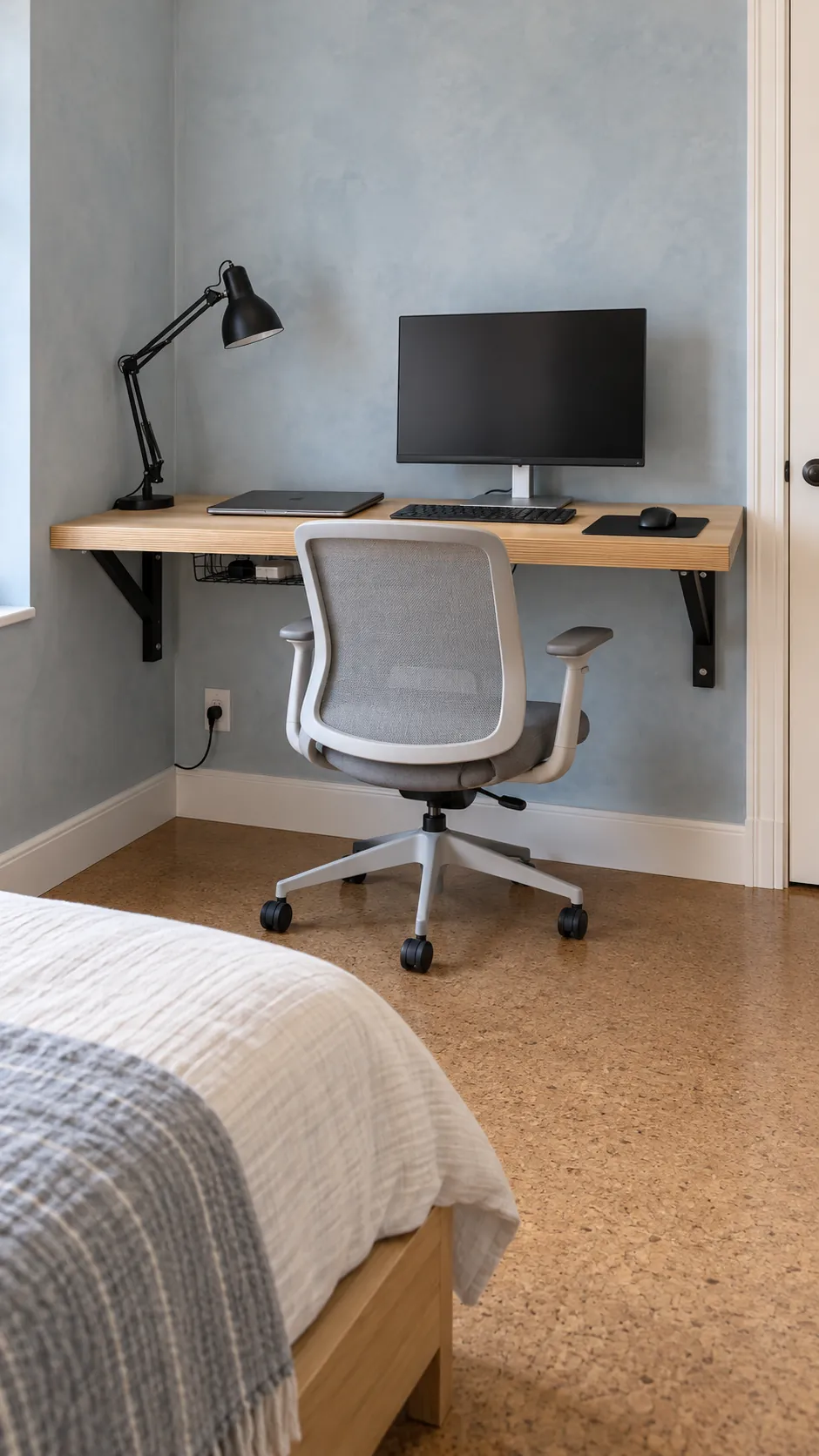 Floating shelf desk in a very small bedroom