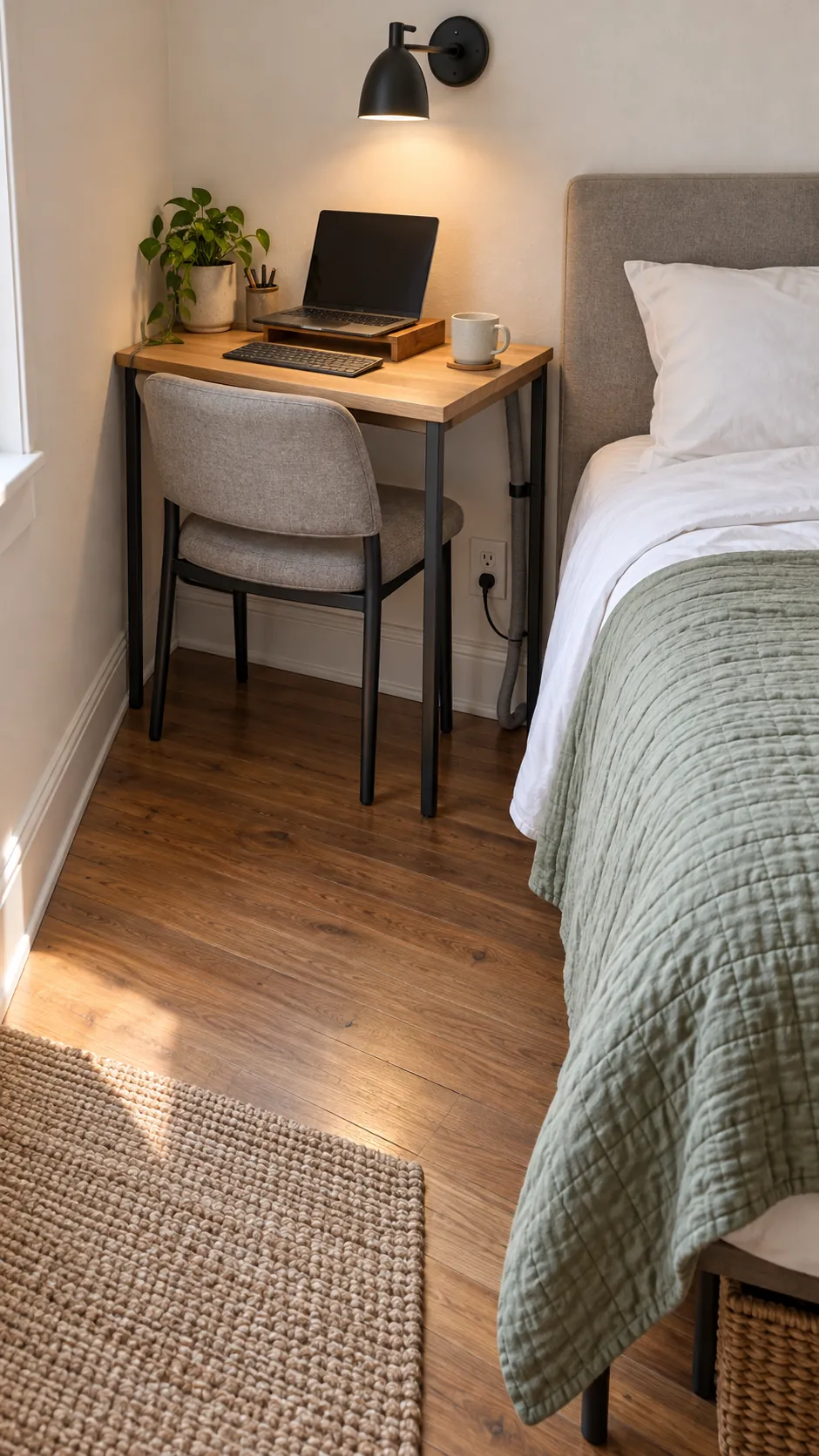 Shallow desk beside a bed in a compact bedroom
