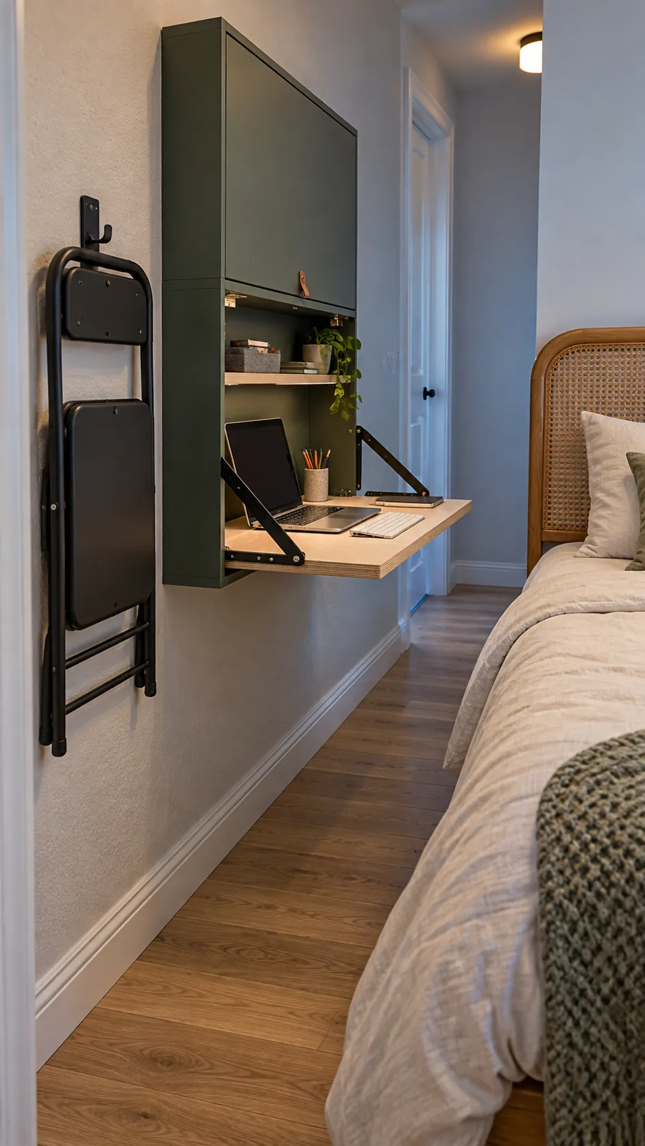 Foldaway wall desk closed beside a compact bed