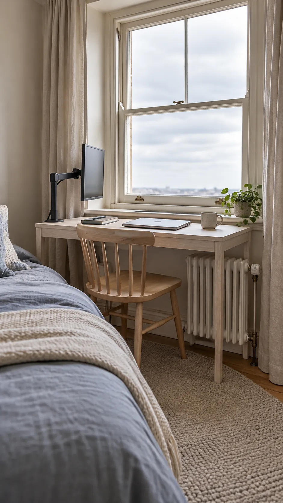 Slim desk aligned with a bedroom window ledge