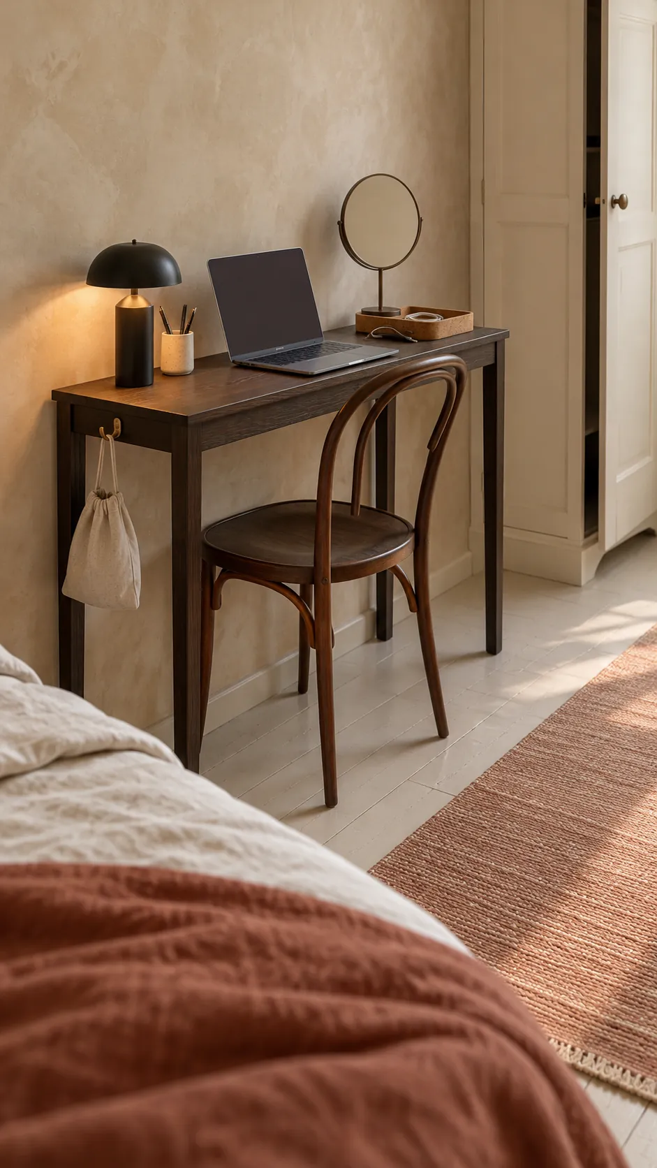 Narrow console used as a bedroom desk