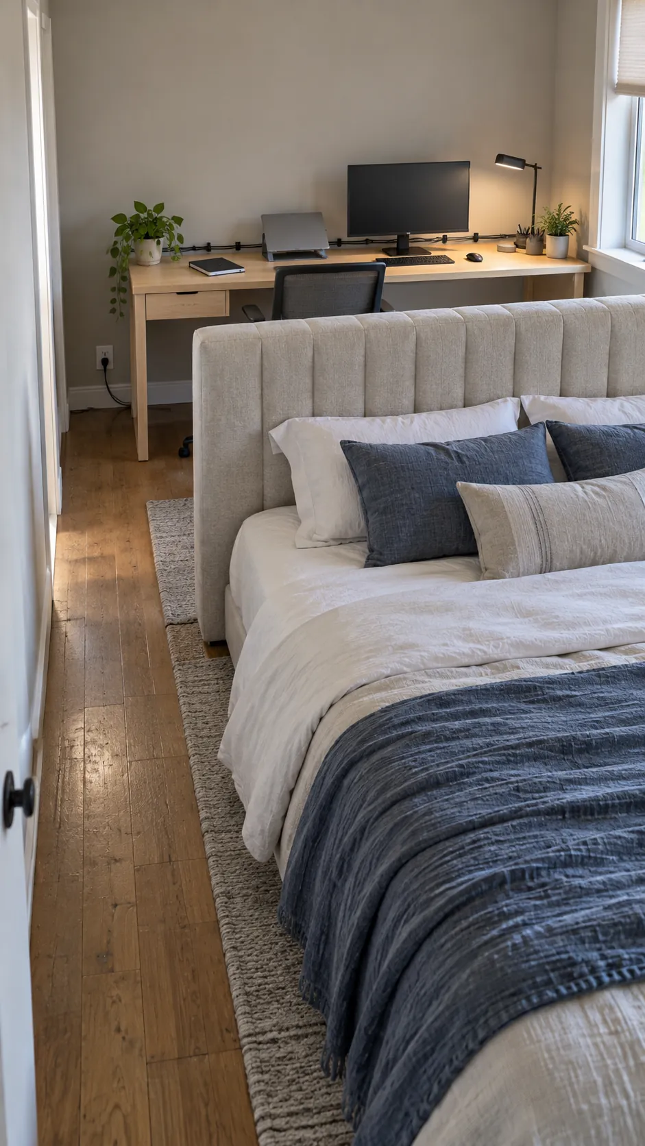 Slim desk arranged behind a bedroom headboard