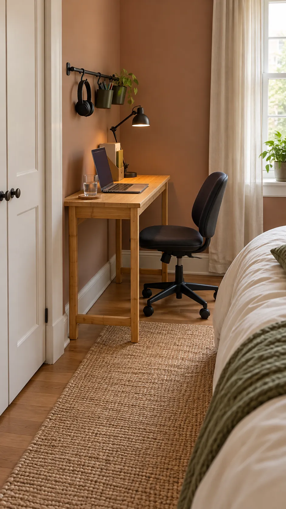 Narrow desk facing the side wall of a small bedroom