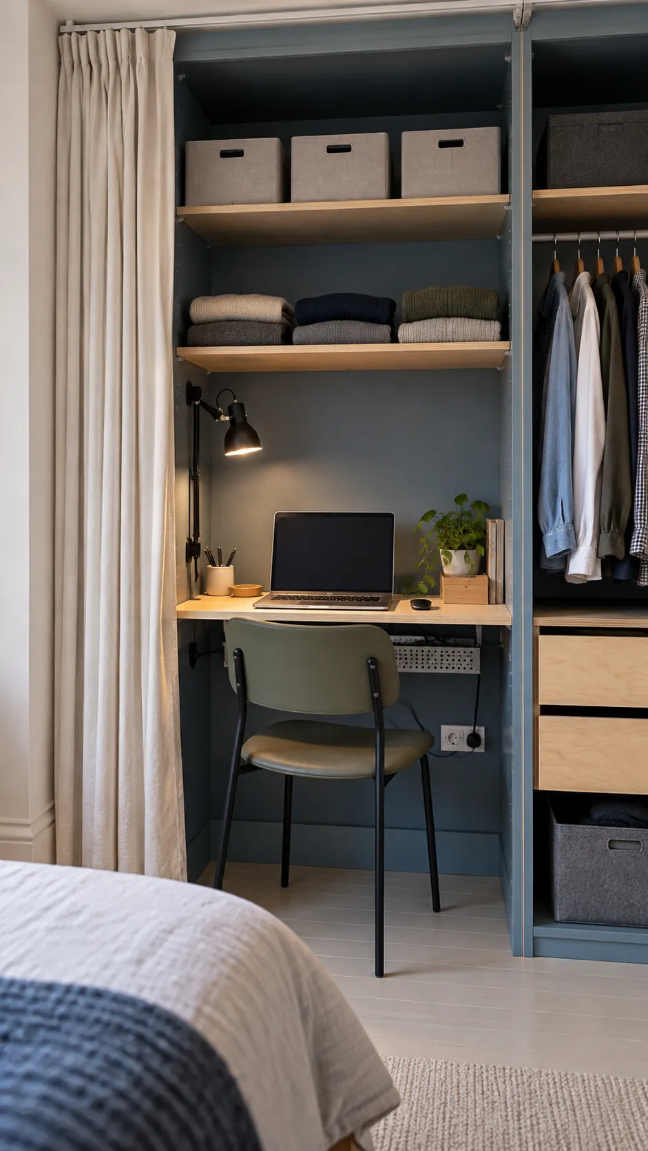 Small workspace fitted inside an open wardrobe