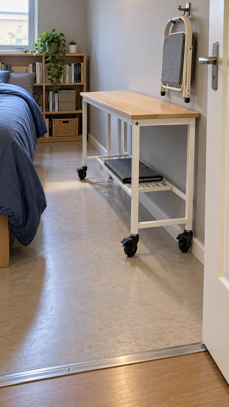 Small rolling desk parked beside a bedroom wall