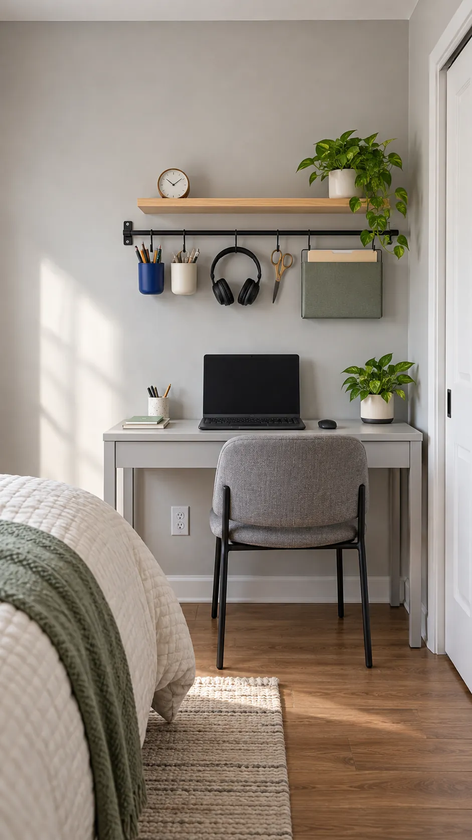 Compact bedroom desk with narrow vertical storage