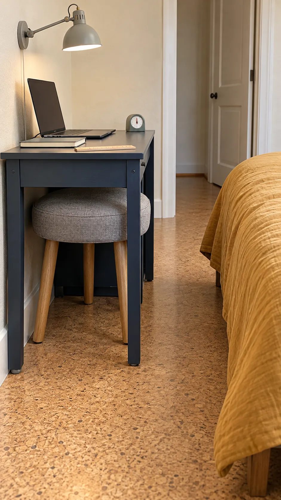 Slim bedroom desk with a stool tucked underneath