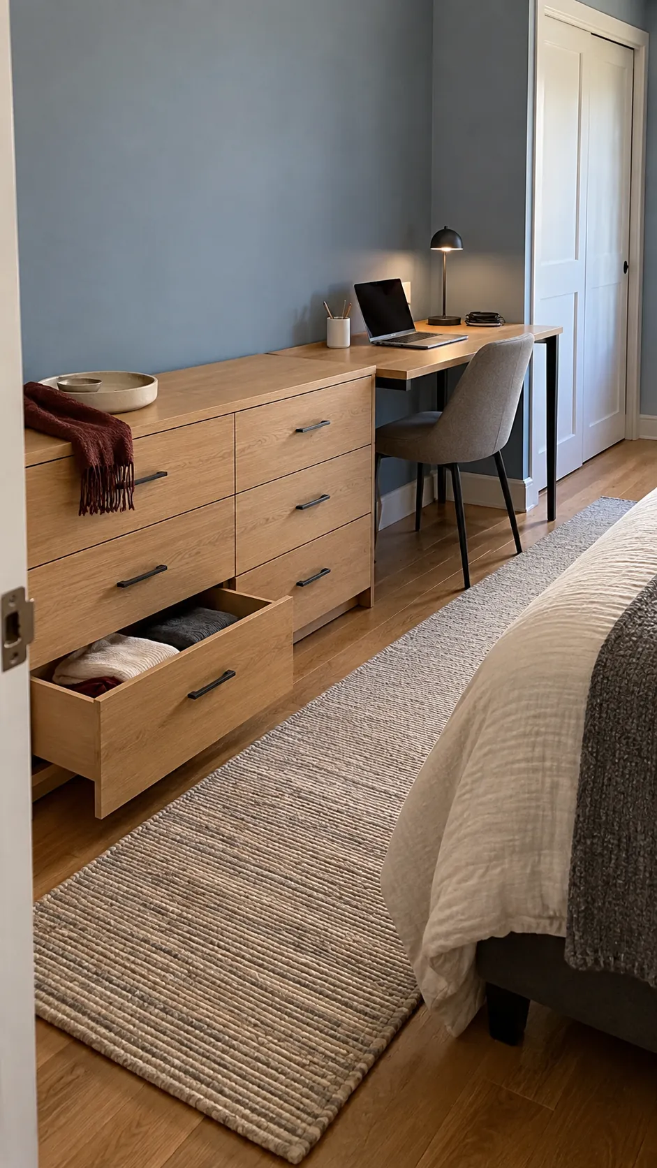 Slim desk connected to a low bedroom dresser
