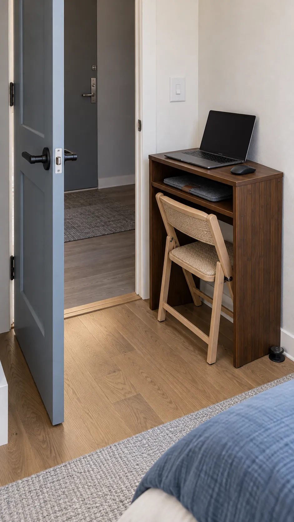 Compact laptop shelf beside a bedroom doorway