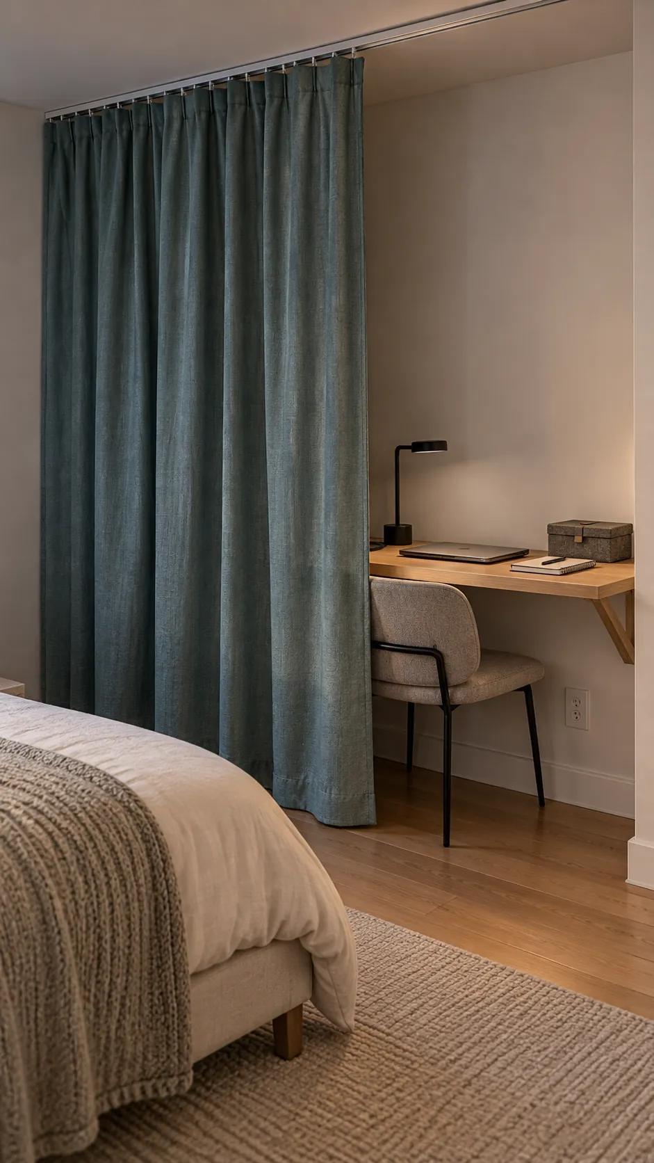 Wall mounted desk concealed by a soft bedroom curtain