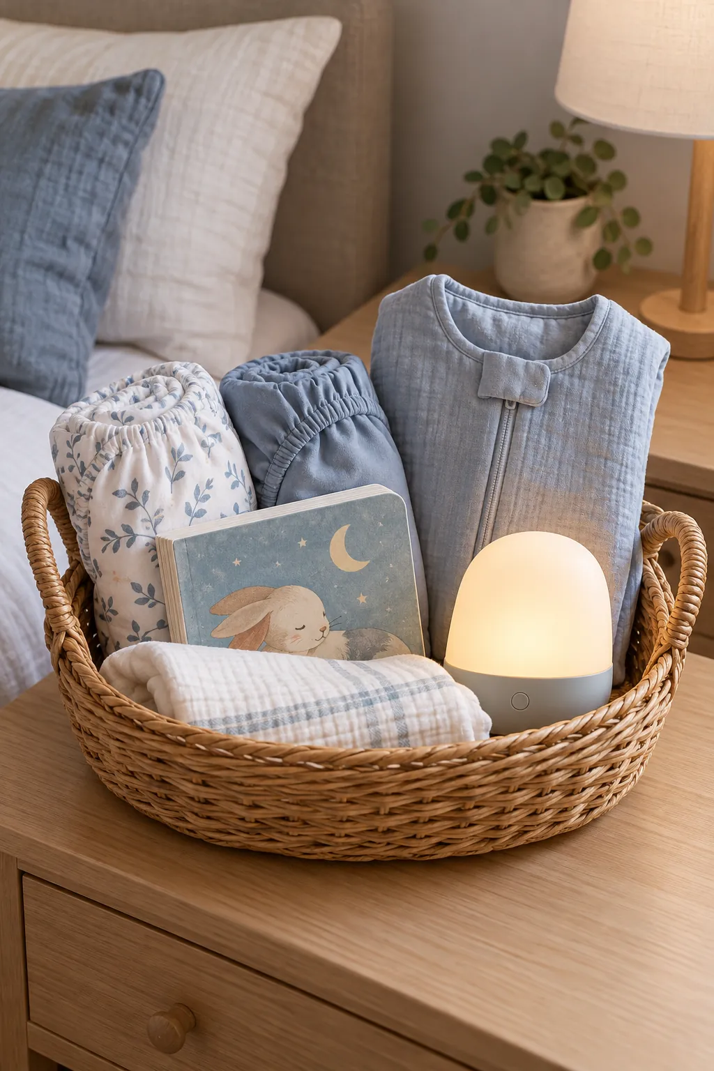 Calm Bedtime Basket arranged as a useful baby shower gift basket