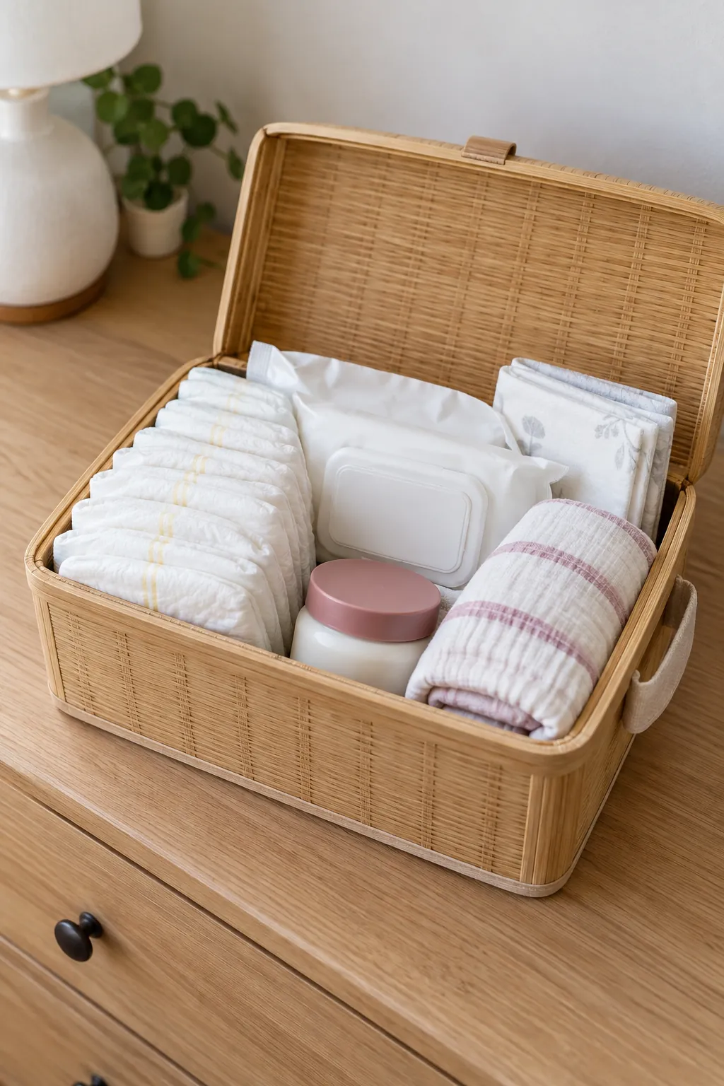 Diaper Caddy Essentials arranged as a useful baby shower gift basket